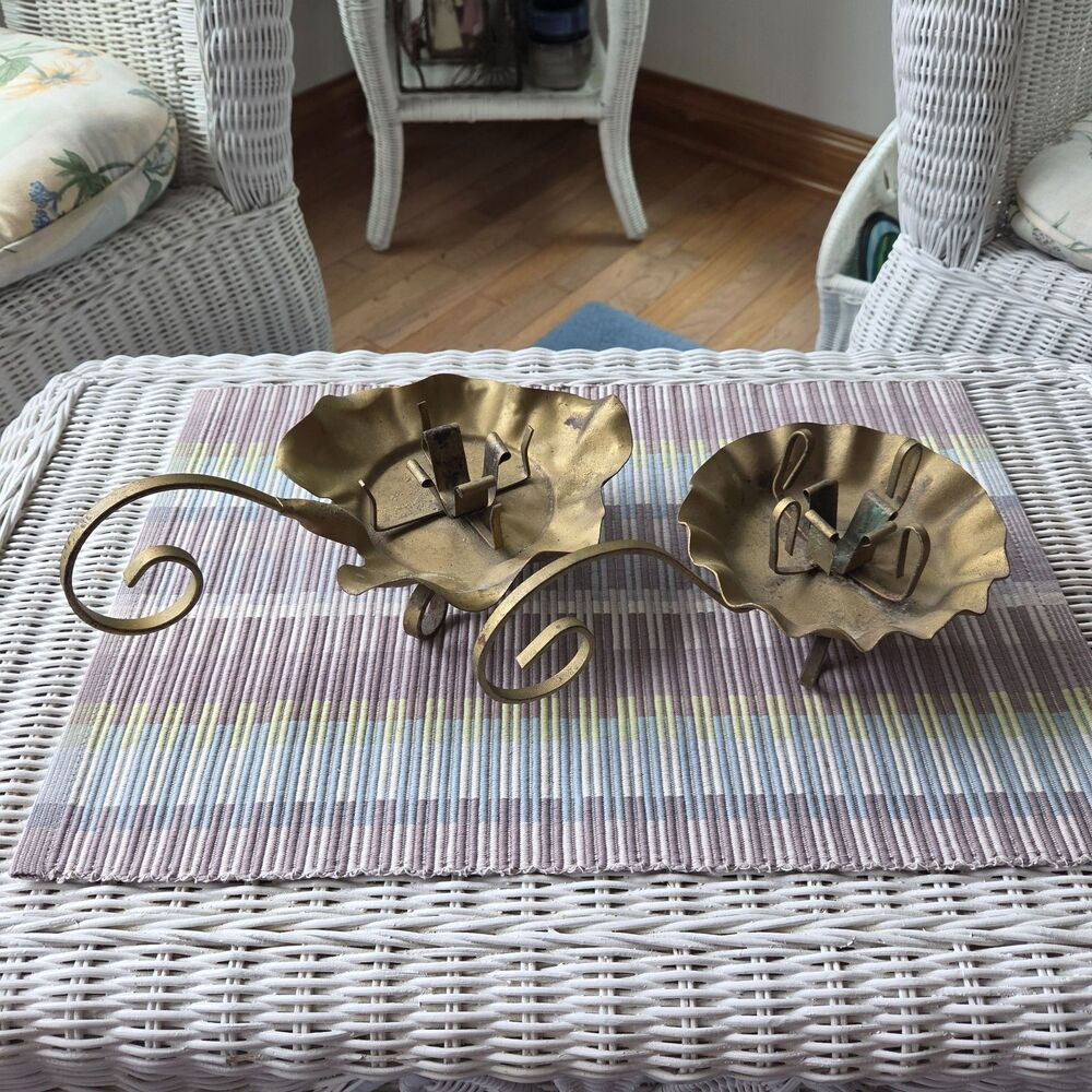 Vintage Brass-Toned Scalloped Metal Candlestick Holder Chambersticks Set
